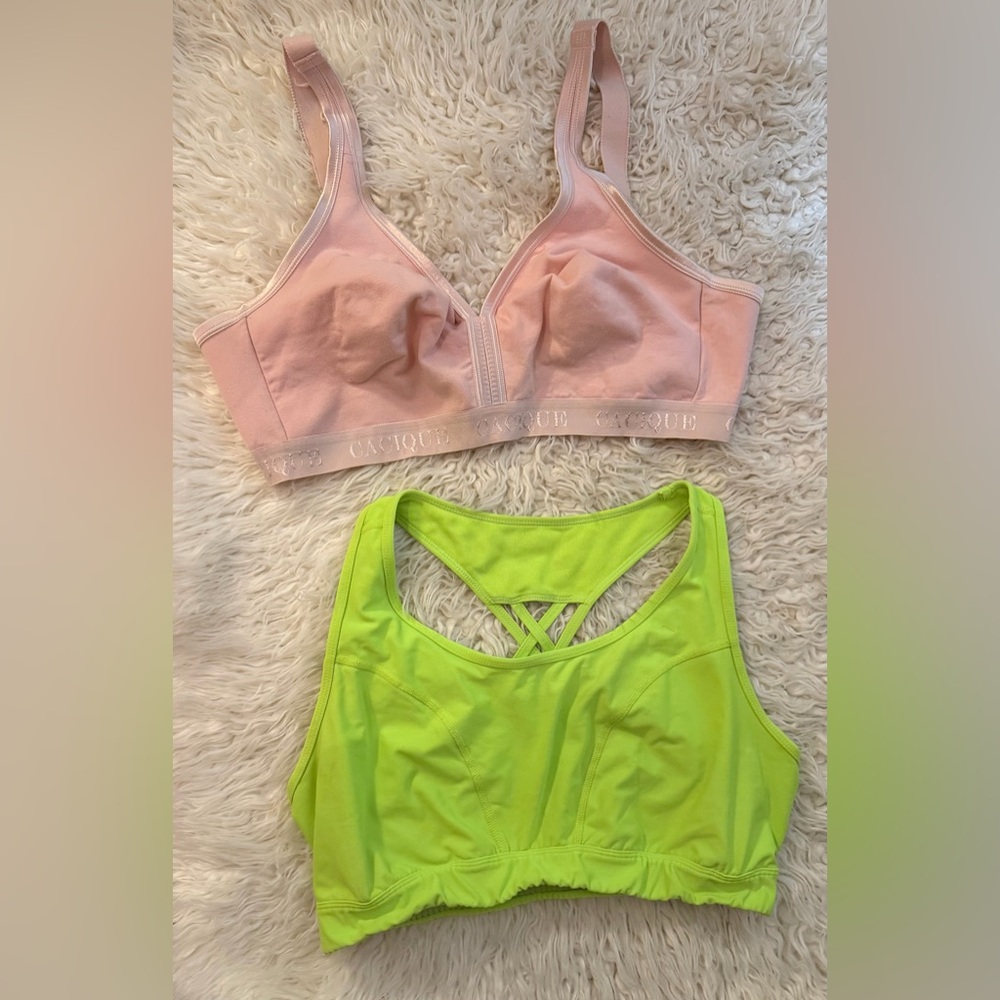 Plus Size Bra Bundle: Cacique Pink and Green Rasor Back Sports Bra.